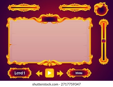 UI UX game menu items vector set. Golden decorated frames with gemstones. Vintage gaming big kit for user interface game. Cartoon royal buttons, levels, settings, progress bar, borders for fantasy RPG