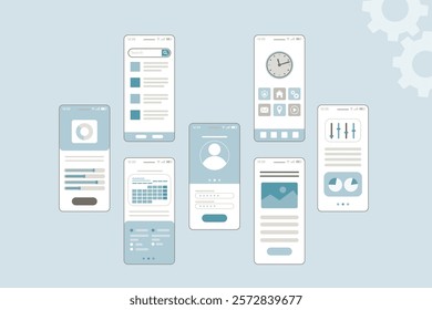 UI, UX, GUI screenshot kit. Shopping app design template for mobile apps. Responsive website wireframes. Web design UI kit. Store dashboard. Set of mobile app mockup. flat vector illustration