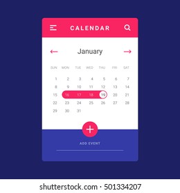 UI, UX and GUI template layout for Mobile Apps. Calendar widget event. Vector illustration. Calendar daily template. Pink and blue color ux app. Calendar screen design