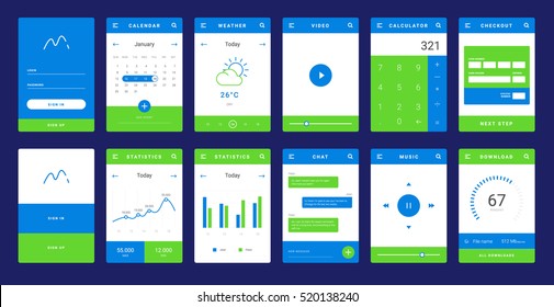 UI, UX And GUI Template Layout For Mobile Apps. Statistic Dashboard, Calculator And Weather Widget, Bank Card Payment For E-commerce. Daily Calendar. Blue And Orange Color Ux App. User Interface