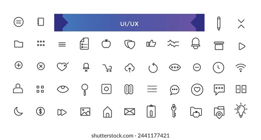 Conjunto de iconos UX de UI. Colección de iconos de línea de promoción. Paquete de iconos de contorno fino. Iconos de línea fina para negocios, banca, contacto, redes sociales, tecnología, seo.