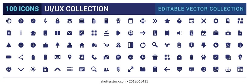 Conjunto de iconos de Ui UX, colección de iconos de interfaz de usuario. Paquete de iconos sólidos. Conjunto de iconos de glifo.