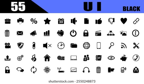 ui ux icon set, user interface icons collection. black sign.