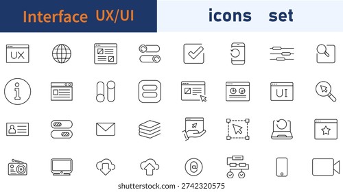 UI UX icon set, user interface and user experience symbols, modern flat design system icons for web mobile apps and dashboards