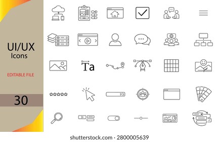 UI UX icon set. Web design and development outline icons. Universal user interface elements for website, app, dashboard, tech, and creative studio. Editable stroke.