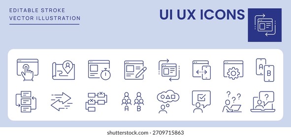 Ui UX Iconos. Trazo Editable. Conjunto de iconos de línea delgada símbolo de colección.