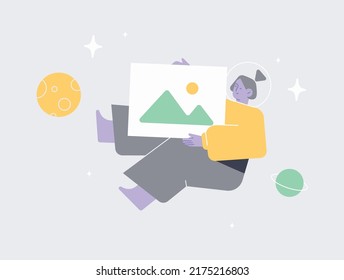 Ui Ux Bild, bei dem ein schwingendes Zeichen ein Bild in seiner Hand hält. Fliege in den Kosmos. Farbvektorbild.