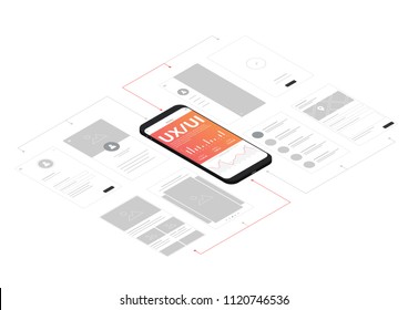 UI UX Isometric Smartphone Wireframe Vector Illustration