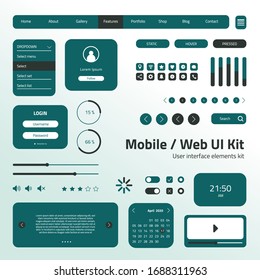 UI UX Kit For Mobile App And Websites Vector Design Template. Flat Icons And Elements Vector On Green Theme.