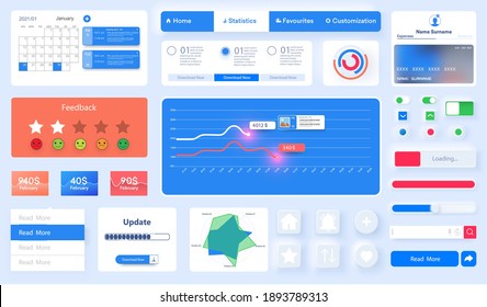 UI, UX kit for mobile app and websites vector design template. Unique neumorphic ui ux design kit. Manage, navigation, search form and components. Flat menu icons and control elements on blue theme