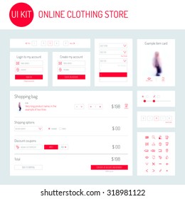 UI / UX Kit For Online Clothing Store: Icons Set, Login Form, Registration Form, Dropdown Menu, Shopping Bag, Example Item Card, Range Of Sizes, Pagination. Card Product. Basket Page. Vector.