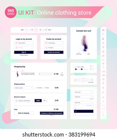 UI / UX Kit for online clothing store: icons set, login form, registration form, dropdown menu, shopping bag, example item card, range of sizes, pagination. Card product. Basket page. Vector.