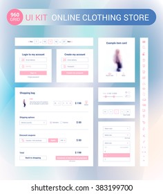 UI / UX Kit for online clothing store: icons set, login form, registration form, dropdown menu, shopping bag, example item card, range of sizes, pagination. Card product. Basket page. Vector.