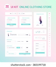 UI / UX Kit for online clothing store: icons set, login form, registration form, dropdown menu, shopping bag, example item card, range of sizes, pagination. Card product. Basket page. Vector.