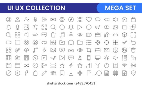 UI UX line icon set. Vector linear UI UX icons for web design and application. UI and UX big bold line icons kit. UI and UX linear vector icon set for user interface designs.
