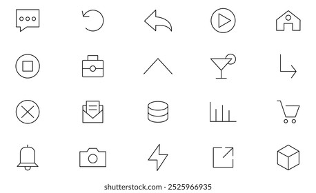 Ui Ux line icon set. User, profile, message, mobile app, document file, social media, button, home, chat, arrow, web, print line icon set. UI thin line icon pack.