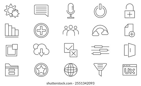 Conjunto de ícones de linha UX da interface do usuário. Interface do usuário, aplicativos, Web, site, redimensionar, aumentar, diminuir, escalabilidade, página da Web, aplicativo móvel, interface da Web, conjunto de ícones de linha. Pacote de ícones de linha fina da interface do usuário.