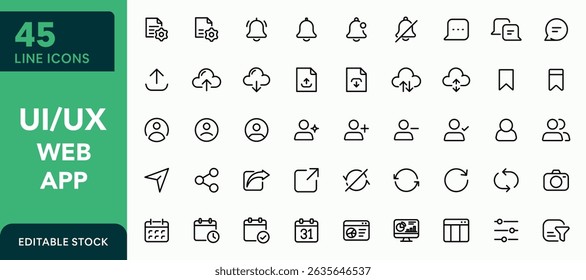 UI UX line icon set. Web and mobile modern interface, app navigation, settings, dashboard, notification, and editable outline vector icon collection.