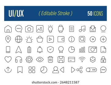 UI UX Line Icon Set 50 Editable Stroke Icons for Web and App Design, Linear icon collection, Vector illustration collection,

