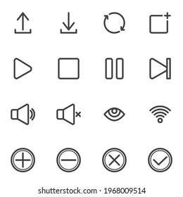 interfaz de usuario, juego de iconos de línea UX, colección de símbolos vectoriales de la interfaz de usuario, paquete de pictogramas de estilo lineal. Señales, ilustración del logotipo. Set incluye iconos como descarga, botón de reproducción multimedia, modo silencioso, silenciar