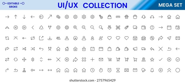 UI UX mega editable icon set with interface elements, dashboard, mobile app and web design symbols modern outline vector collection