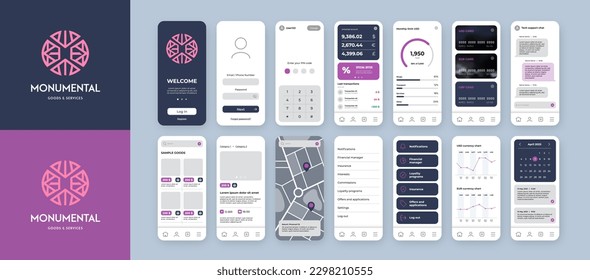 UI UX mobile app design template with pink logo and violet background. Include main screen, login, menu, credit cards, chat, charts, shop, calendar and map.