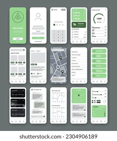 UI UX mobile app design template with green minimal style logo and light background. Include main screen, login, menu, credit cards, chat, charts, shop, calendar and map. Vector set.