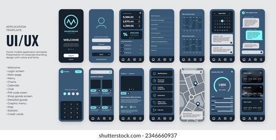UI UX mobile app template with dark blue colors, include logo, log in page, map, goods list and other screens.