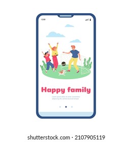 UI, UX mobile application screen for family activity and outdoor recreation, flat vector illustration. Onboarding mobile page for family sport and leisure on nature.