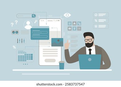 UI and UX online courses, male teacher making ui design on mobile screen, user interface, user experience, distant education in IT, web design classes. internet learning. flat vector illustration