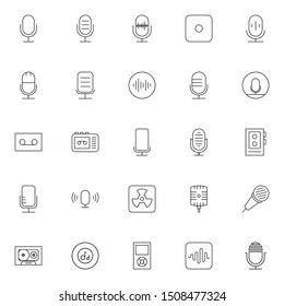 UI and UX oudio recorder line icon set. voice and sound record linear icons. Phone and PC outline voice recorder simple vector sign collection.