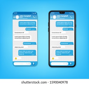 UI UX Phone chat blue interface. Text message mobile phone. Text messaging bubles in mobile application on a smartphone, vector.