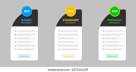 tablas de diseño de precios Ui UX con tarifas, características de suscripción lista de comprobación y planes de negocio. tabla de planes de precios y tabla de precios Lista de precios para web o aplicación. Planes web de negocios de Comparación de Productos.