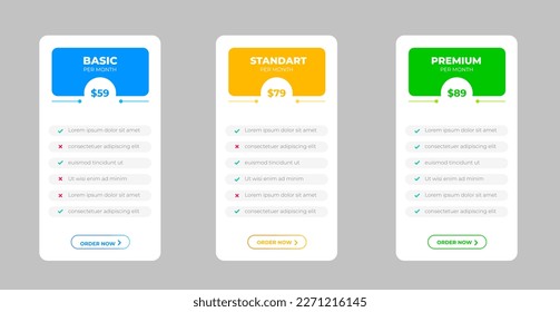 Ui UX pricing design tables with tariffs, subscription features checklist and business plans. pricing plans table and pricing chart Price list for web or app. Product Comparison business web plans.