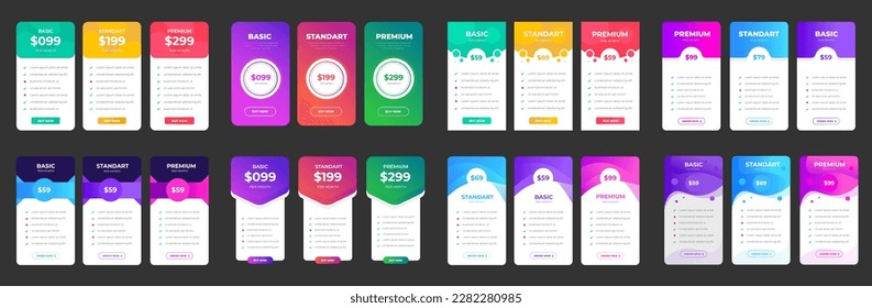 Ui UX pricing design tables with tariffs, subscription features checklist and business plans set. pricing plans table pricing chart Price list for web or app. Product Comparison business web plans.