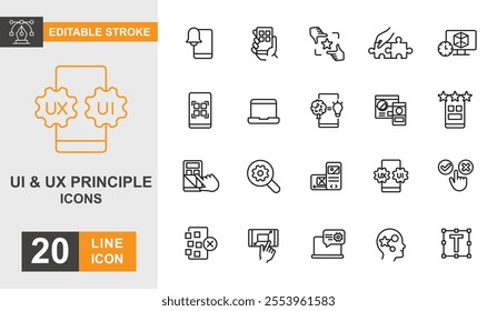 UI and UX principle line editable icon set. Web, application, notification, concept, development and more line icons.