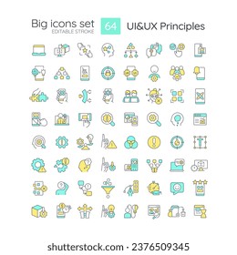 UI UX principles RGB color big icons set. User experience design. Product usability. Isolated vector illustrations. Simple filled line drawings collection. Editable stroke. Quicksand-Light font used