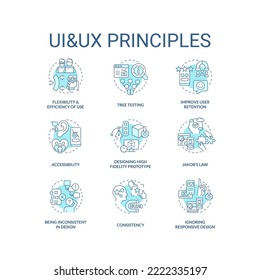 UI UX principios turquesa concepto iconos conjunto. Los fundamentos del diseño de interacciones son ilustraciones de color de línea delgada. Símbolos aislados. Trazo editable. Fuentes Roboto-Medium, Myriad Pro-Bold utilizadas