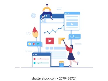 UI  UX Programmer Flat Design Vector Illustration For Business Information And Team Sharing Ideas With Designer, Coding, Interface Or Software App Development 