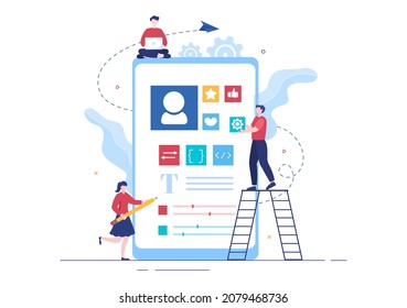 UI  UX Programmer Flat Design Vector Illustration for Business Information and Team Sharing Ideas with Designer, Coding, Interface or Software App Development 