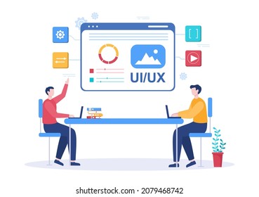 UI  UX Programmer Flat Design Vector Illustration for Business Information and Team Sharing Ideas with Designer, Coding, Interface or Software App Development 