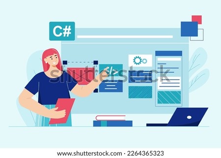 UI UX programming blue concept with people scene in the flat cartoon design. Woman works on the structure of web sites. Vector illustration.