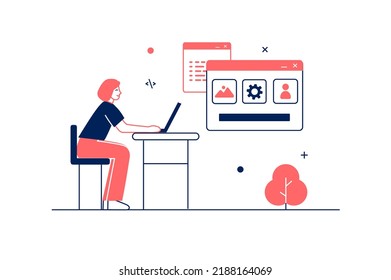 UI UX programming concept in flat line design with people scene. Woman creates user interface layouts, places buttons and optimization for gadgets, develop applications. Vector illustration for web