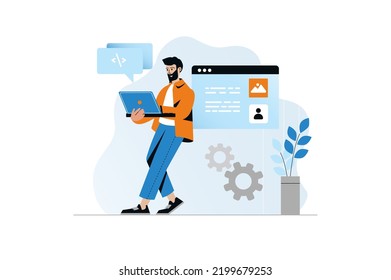 UI UX programming concept with people scene in the flat cartoon design. Programmer develops and design an Internet site using programming languages. Vector illustration.