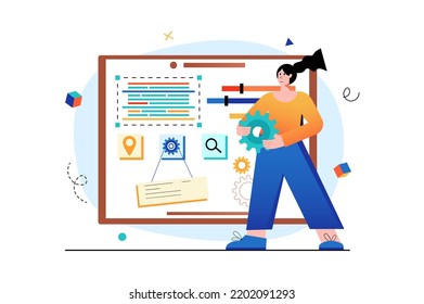 UI UX programming concept with people scene in the flat cartoon style. Digital designer makes change to the designed sites to complete the work. Vector illustration.