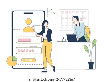 UI and UX programming. Man and woman create design elements for website or mobile application. Team of designer and freelancers. Linear vector illustration isolated on white background