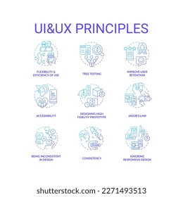 UI UX rules blue gradient concept icons set. App usability. Human computer interaction. User experience idea thin line color illustrations. Isolated symbols. Roboto-Medium, Myriad Pro-Bold fonts used