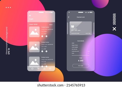 UI UX screens kit in glassmorphism style. Smartphone screen with glass overlay effect isolated on abstract background. Mockup for mobile app presentation. Vector illustration