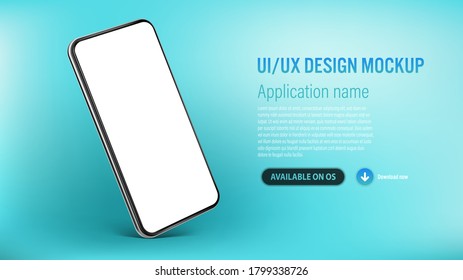 UI or UX smartphone mobile app template on blue background with application description and download link - small and big version of phone