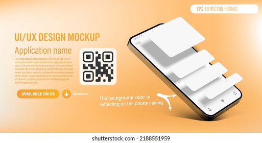 UI or UX smartphone mobile app template on orange background with application blank frames on the phone screen - description and download link with QR code included